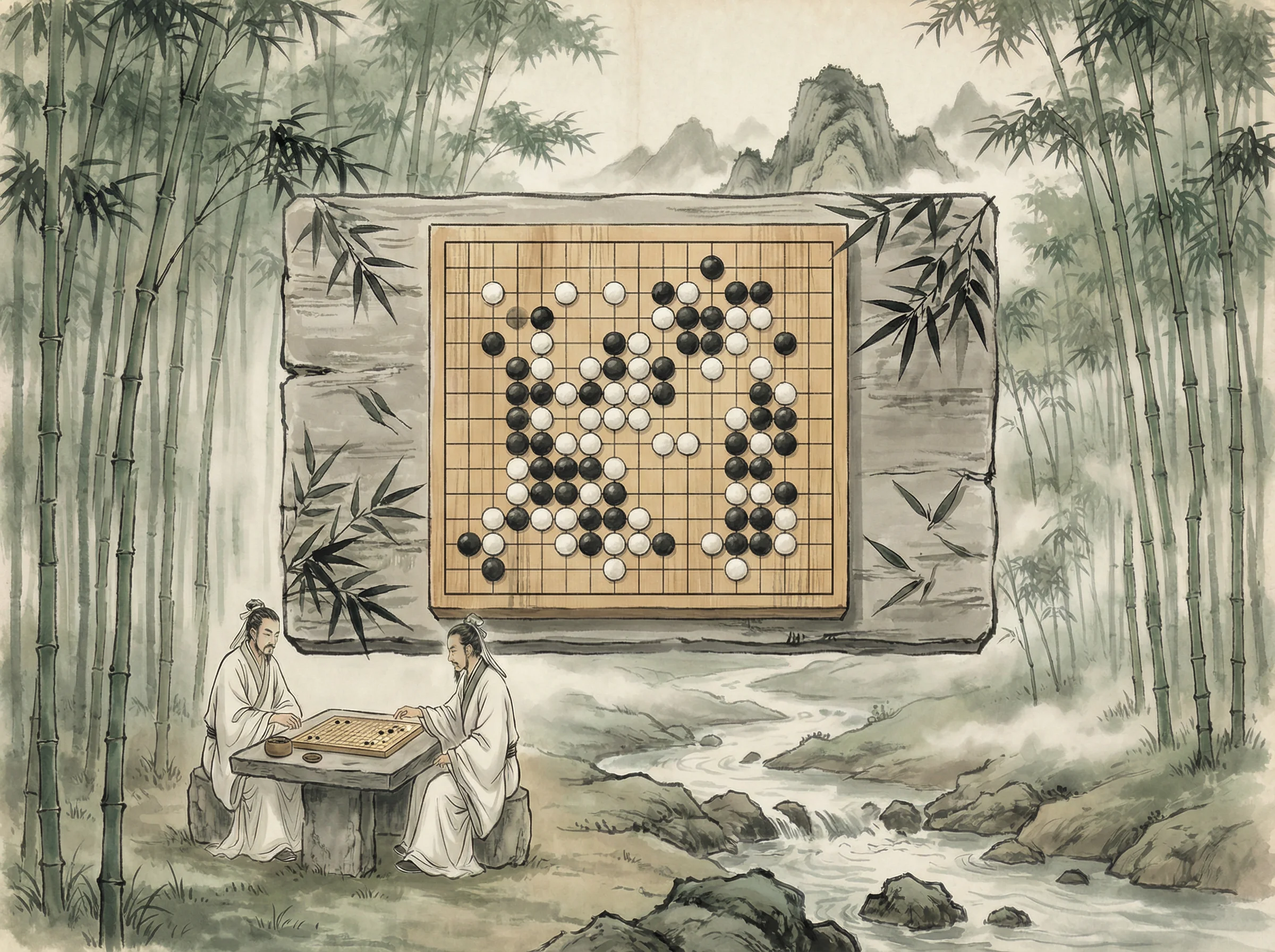 竹林悟道局 财神棋牌 棋盘布局，黑白子对峙