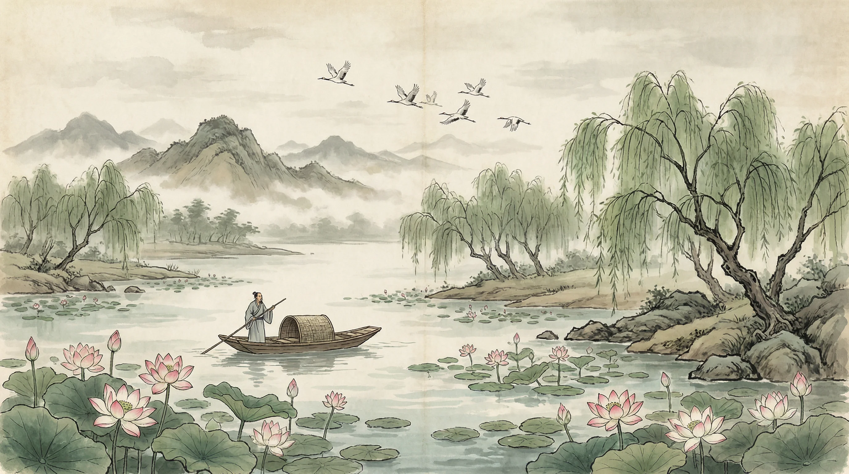 荷塘泛舟水墨画，与 财神棋牌 禅意相映