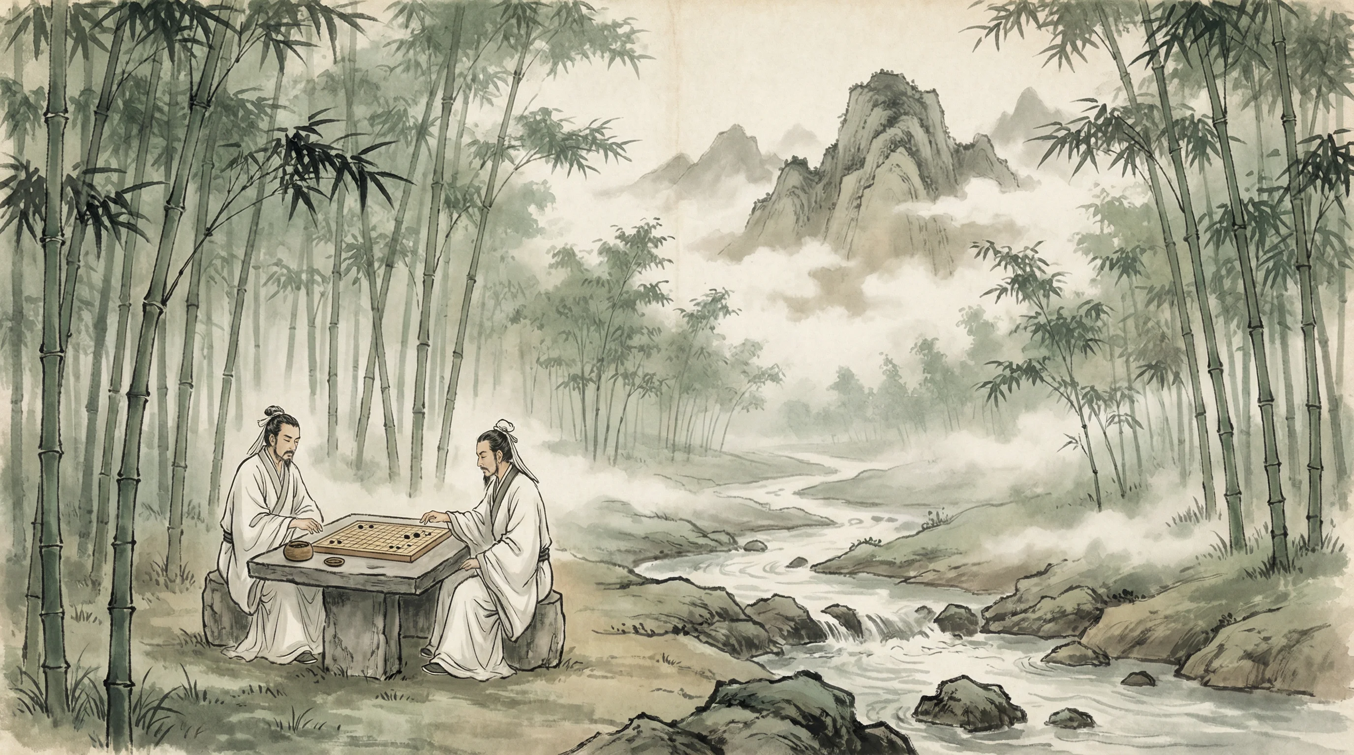 竹林对弈山水画，财神棋牌 棋道风景